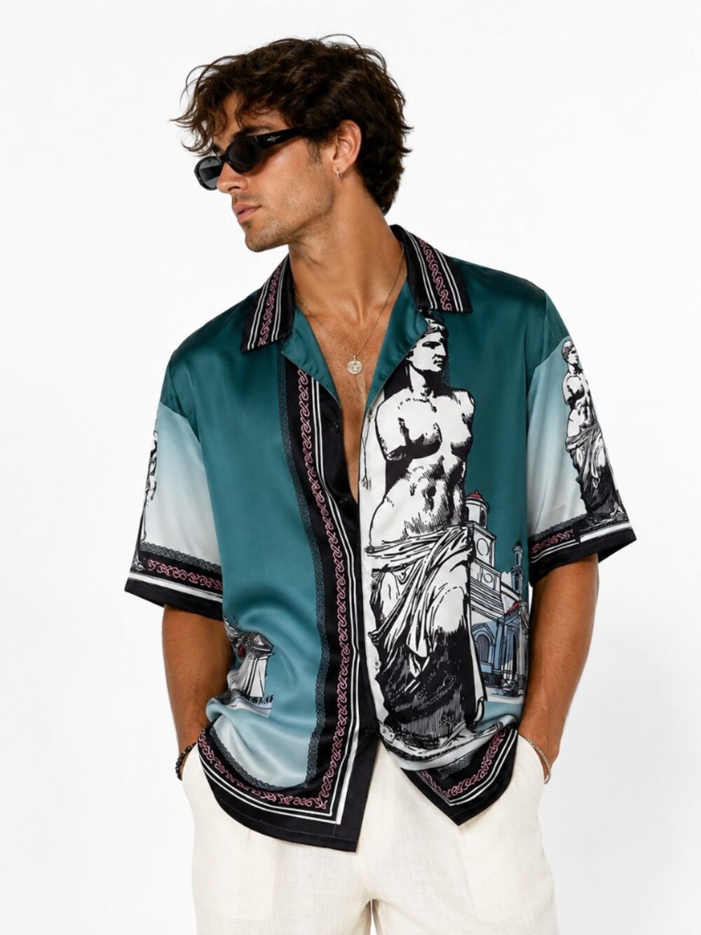BoohooMAN Emerald Green Statue Print Satin Shirt Size M NWT
